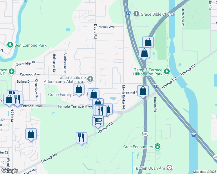 map of restaurants, bars, coffee shops, grocery stores, and more near 8730 Morrison Oaks Court in Tampa