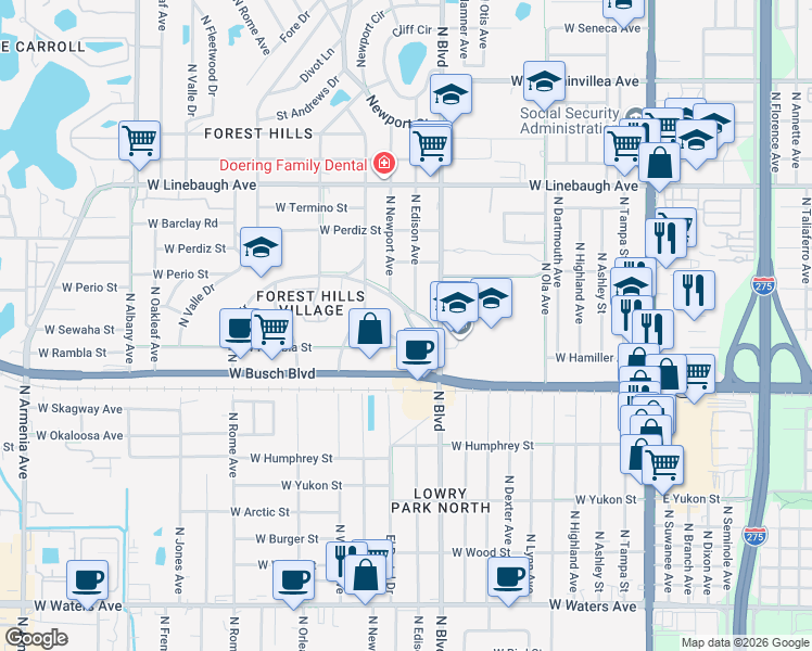 map of restaurants, bars, coffee shops, grocery stores, and more near 9306 Forest Hills Drive in Tampa