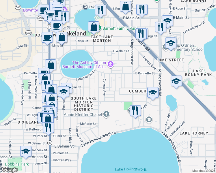 map of restaurants, bars, coffee shops, grocery stores, and more near 752 South Rushing Avenue in Lakeland