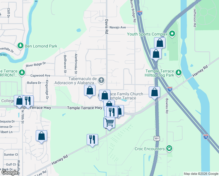 map of restaurants, bars, coffee shops, grocery stores, and more near 8706 Morrison Oaks Court in Tampa