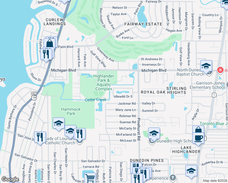 map of restaurants, bars, coffee shops, grocery stores, and more near 1023 Idlewild Drive North in Dunedin