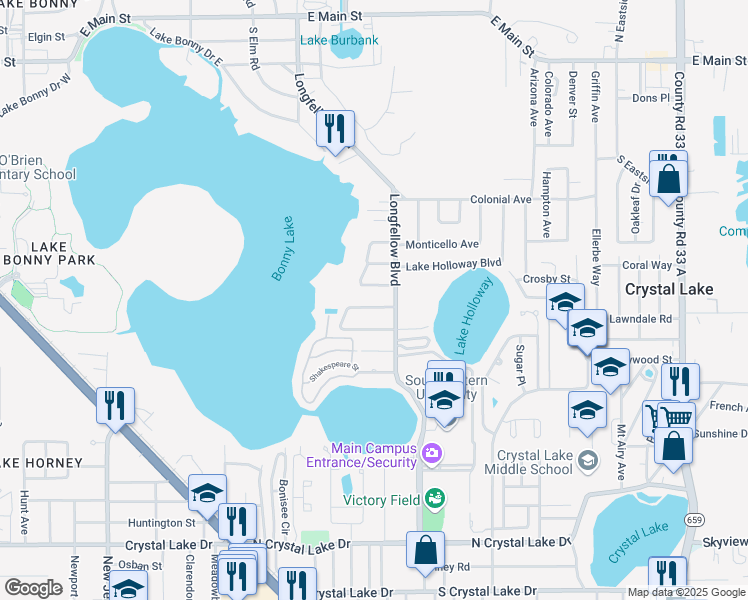 map of restaurants, bars, coffee shops, grocery stores, and more near 2030 Tennyson Street in Lakeland