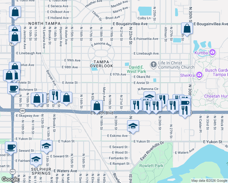 map of restaurants, bars, coffee shops, grocery stores, and more near 9402 North 20th Street in Tampa