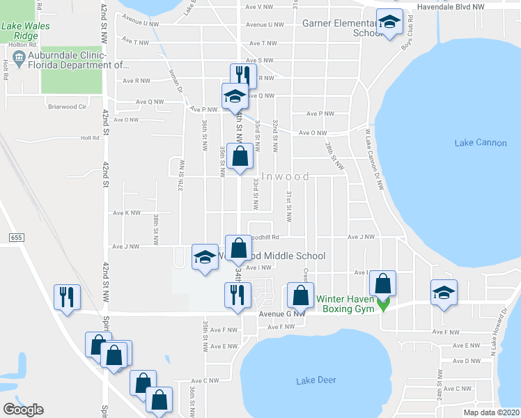 map of restaurants, bars, coffee shops, grocery stores, and more near 3245 Avenue K Northwest in Winter Haven