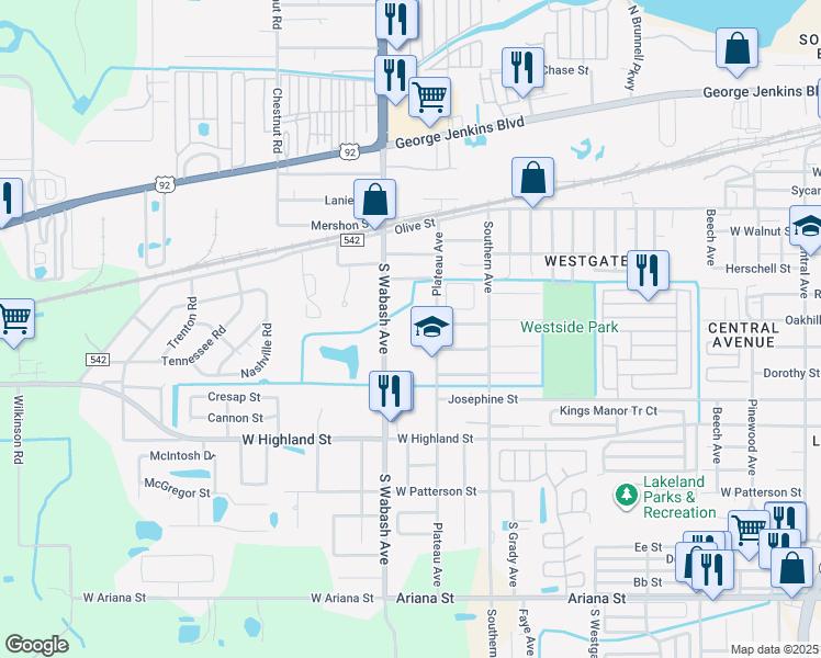 map of restaurants, bars, coffee shops, grocery stores, and more near 815 Plateau Avenue in Lakeland