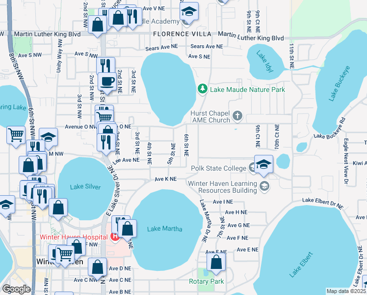 map of restaurants, bars, coffee shops, grocery stores, and more near 1243 1/2 6th Street Northeast in Winter Haven