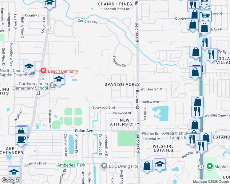 map of restaurants, bars, coffee shops, grocery stores, and more near 2175 Chantilly Lane in Dunedin