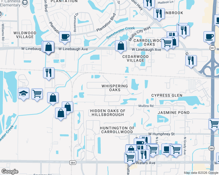 map of restaurants, bars, coffee shops, grocery stores, and more near 4624 Whispering Wind Avenue in Tampa