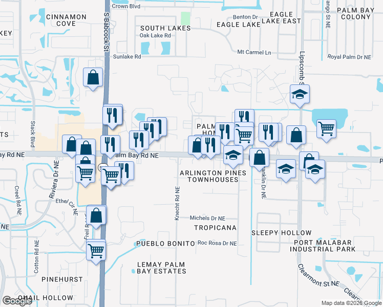 map of restaurants, bars, coffee shops, grocery stores, and more near 1113 Pinewood Drive Northeast in Palm Bay