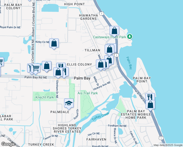 map of restaurants, bars, coffee shops, grocery stores, and more near 2833 Palm Bay Road Northeast in Palm Bay