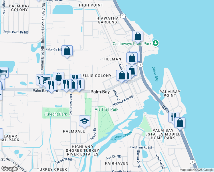 map of restaurants, bars, coffee shops, grocery stores, and more near 2833 Palm Bay Road Northeast in Palm Bay