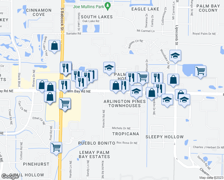 map of restaurants, bars, coffee shops, grocery stores, and more near 1111 Pinewood Drive Northeast in Palm Bay