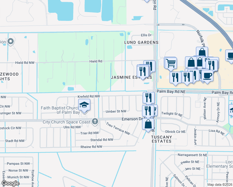 map of restaurants, bars, coffee shops, grocery stores, and more near 281 Krefeld Road Northwest in Palm Bay