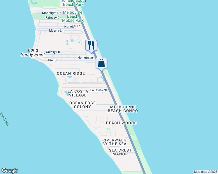 map of restaurants, bars, coffee shops, grocery stores, and more near 151 Seaview Street in Melbourne Beach