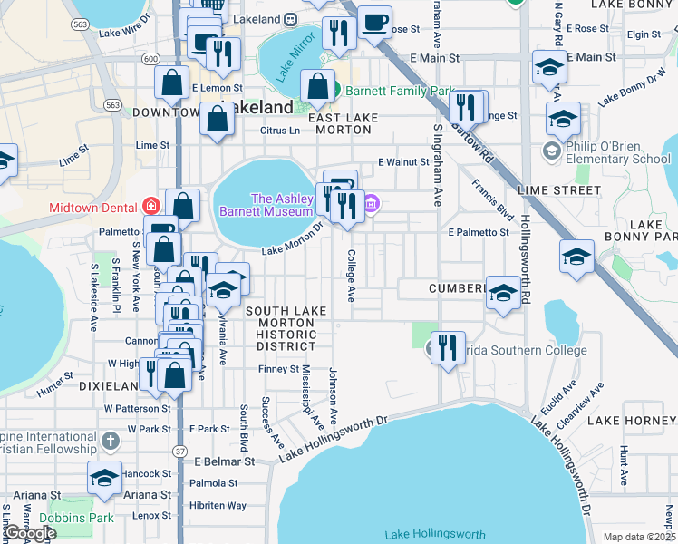 map of restaurants, bars, coffee shops, grocery stores, and more near 802 Johnson Avenue in Lakeland