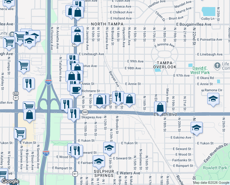 map of restaurants, bars, coffee shops, grocery stores, and more near 9405 North 13th Street in Tampa