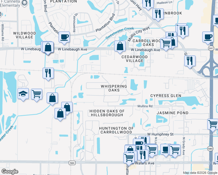 map of restaurants, bars, coffee shops, grocery stores, and more near 4624 Whispering Wind Avenue in Tampa