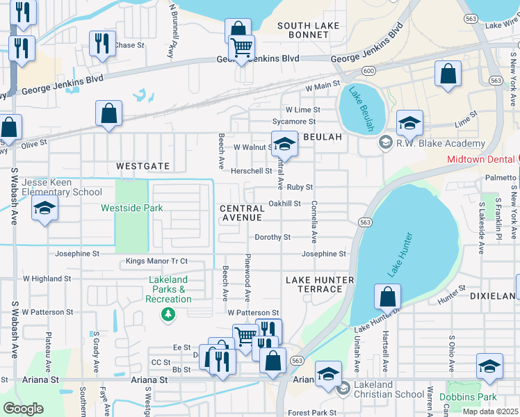 map of restaurants, bars, coffee shops, grocery stores, and more near 1230 Oakhill Street in Lakeland