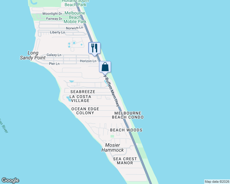 map of restaurants, bars, coffee shops, grocery stores, and more near 151 Seaview Street in Melbourne Beach