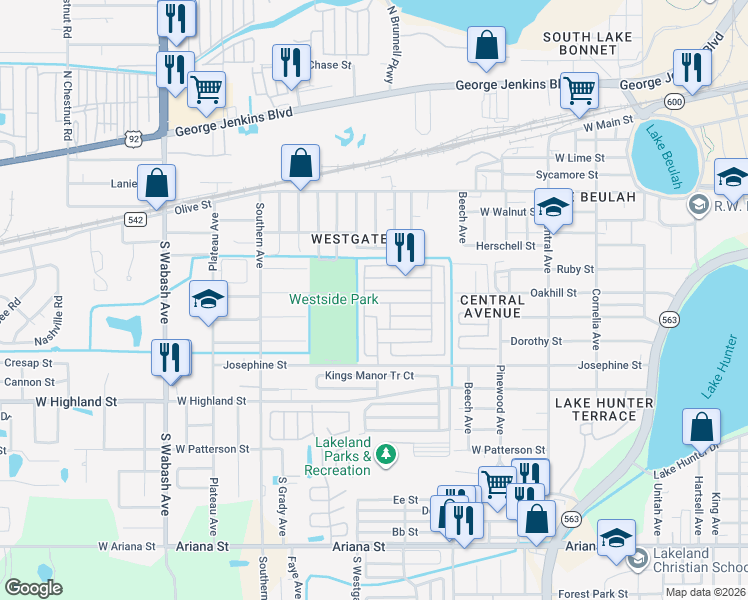 map of restaurants, bars, coffee shops, grocery stores, and more near 1623 Palamino Way in Lakeland