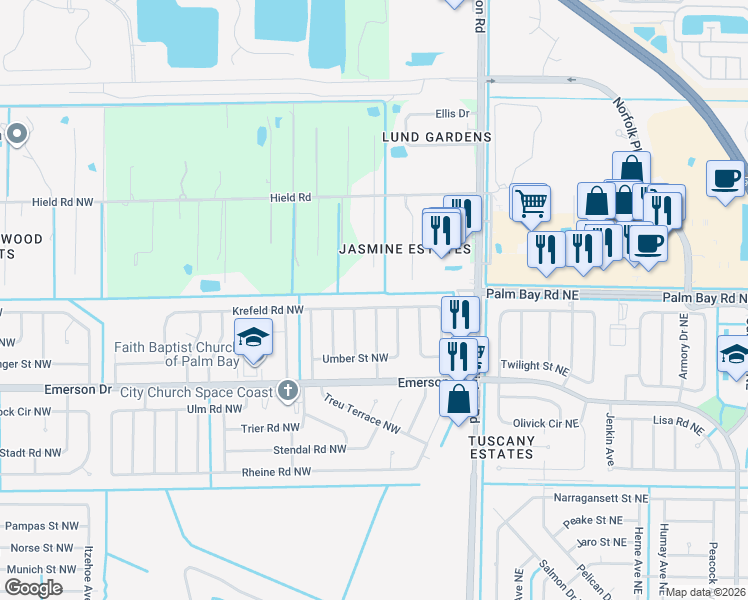 map of restaurants, bars, coffee shops, grocery stores, and more near 263 Krefeld Road Northwest in Palm Bay