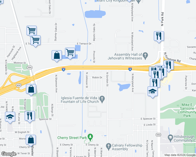 map of restaurants, bars, coffee shops, grocery stores, and more near 2210 North Warnell Street in Plant City