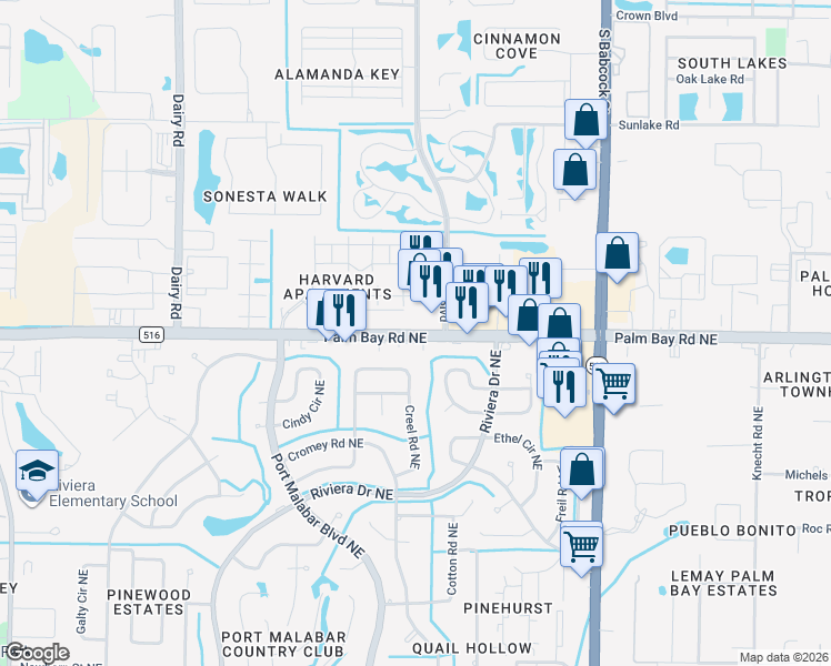 map of restaurants, bars, coffee shops, grocery stores, and more near 1461 Palm Bay Road Northeast in Melbourne