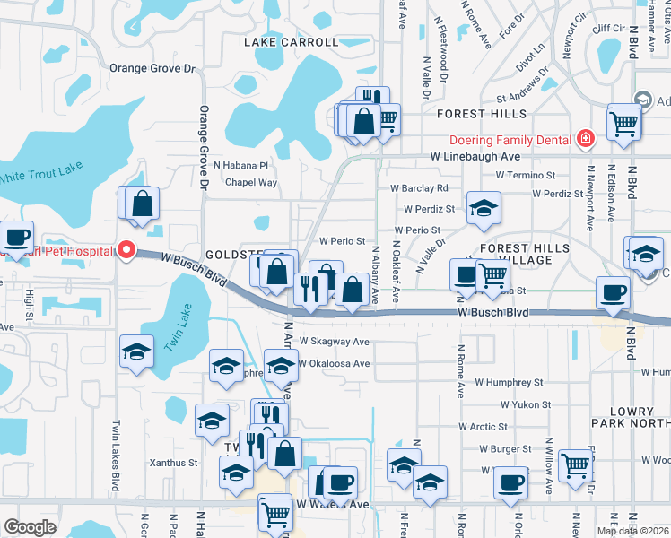 map of restaurants, bars, coffee shops, grocery stores, and more near 2119 West Sewaha Street in Tampa