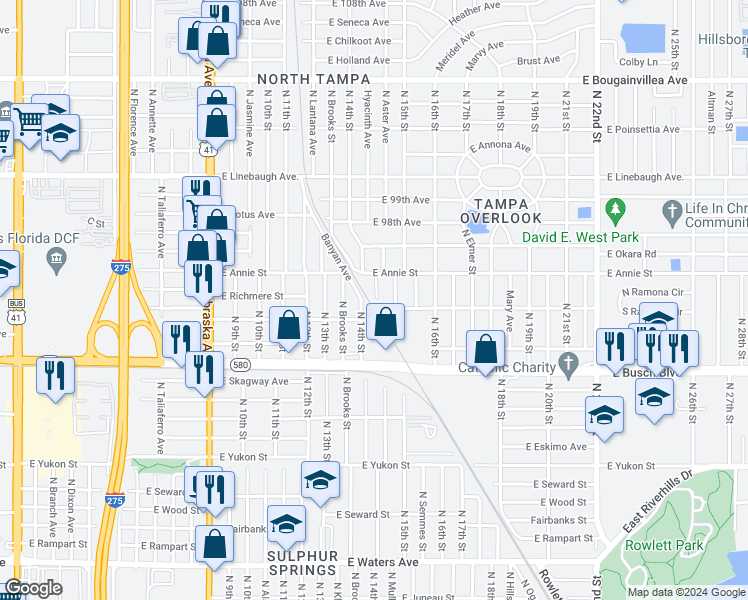 map of restaurants, bars, coffee shops, grocery stores, and more near 9403 North 14th Street in Tampa