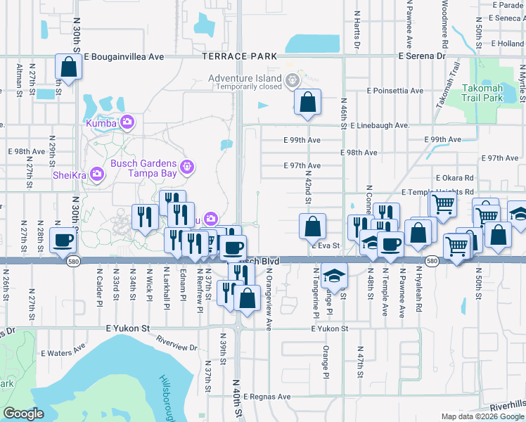 map of restaurants, bars, coffee shops, grocery stores, and more near 3 North 42nd Street in Tampa