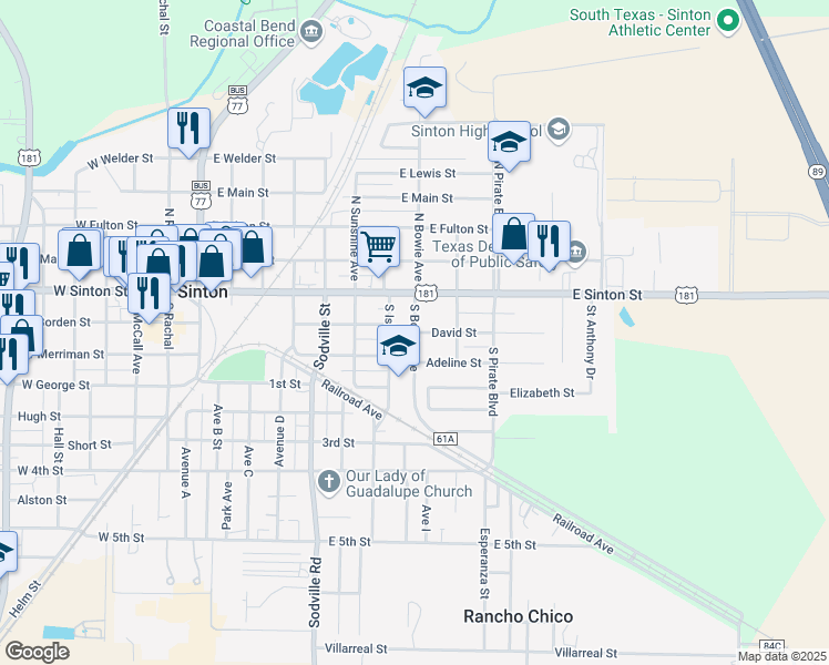 map of restaurants, bars, coffee shops, grocery stores, and more near 200 South Bowie Avenue in Sinton