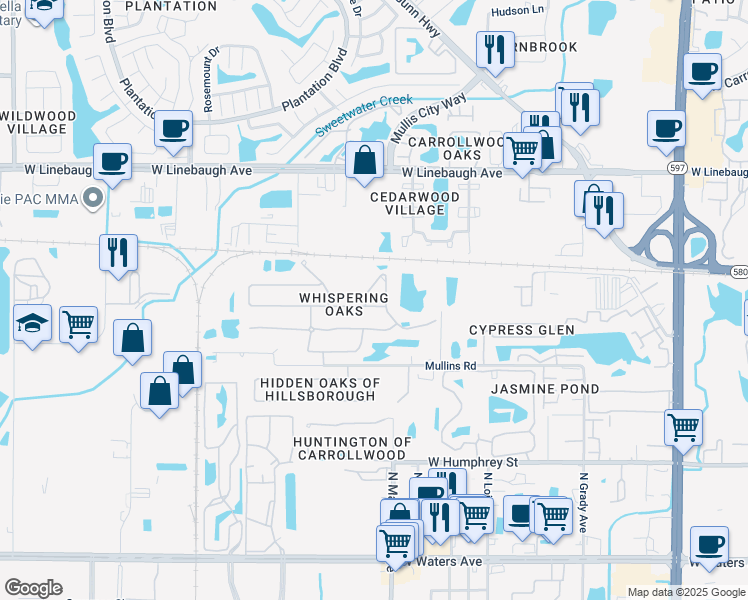 map of restaurants, bars, coffee shops, grocery stores, and more near 4605 Whispering Wind Avenue in Tampa