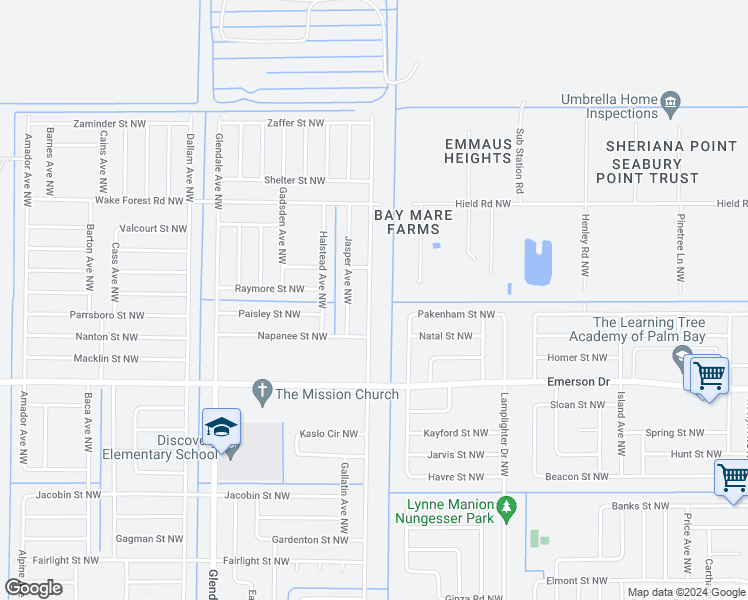 map of restaurants, bars, coffee shops, grocery stores, and more near 1485 Glencove Avenue Northwest in Palm Bay