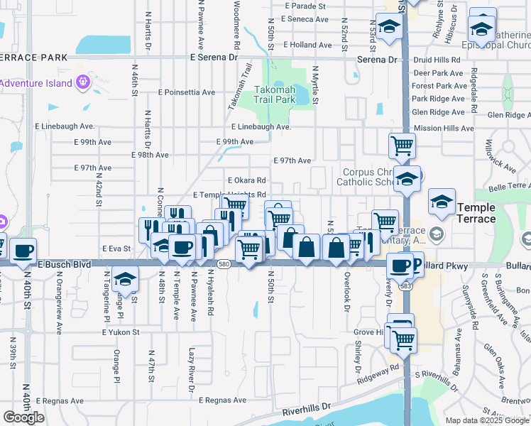 map of restaurants, bars, coffee shops, grocery stores, and more near 9412 North 50th Street in Tampa