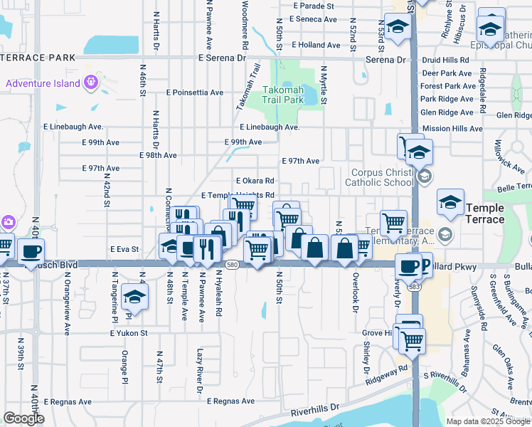 map of restaurants, bars, coffee shops, grocery stores, and more near 9412 North 50th Street in Tampa