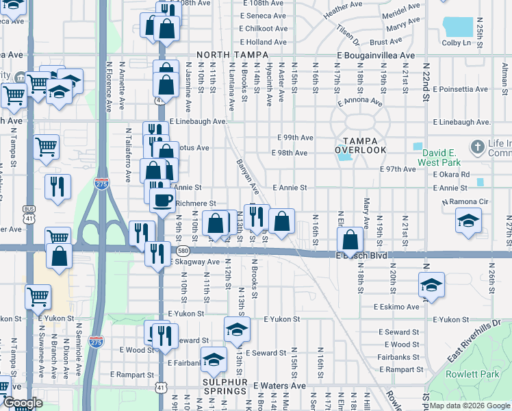 map of restaurants, bars, coffee shops, grocery stores, and more near 9405 North 13th Street in Tampa