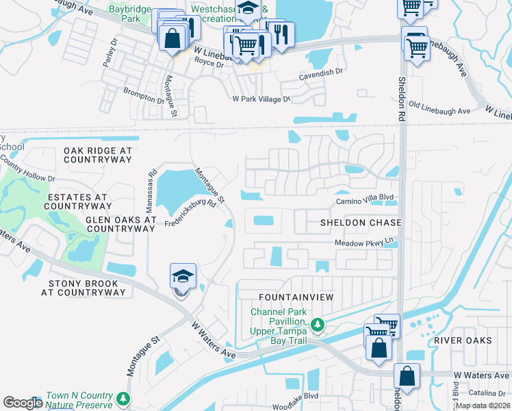 map of restaurants, bars, coffee shops, grocery stores, and more near 9112 Camino Villa Boulevard in Tampa