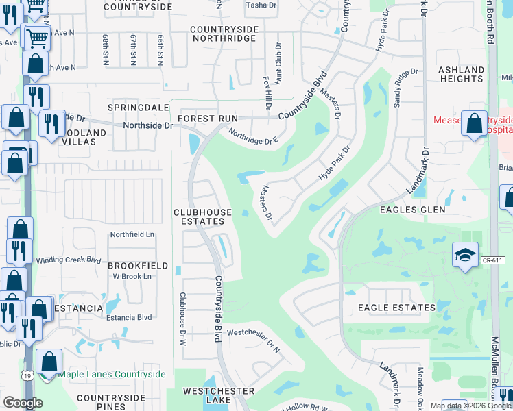 map of restaurants, bars, coffee shops, grocery stores, and more near 3116 Masters Drive in Clearwater
