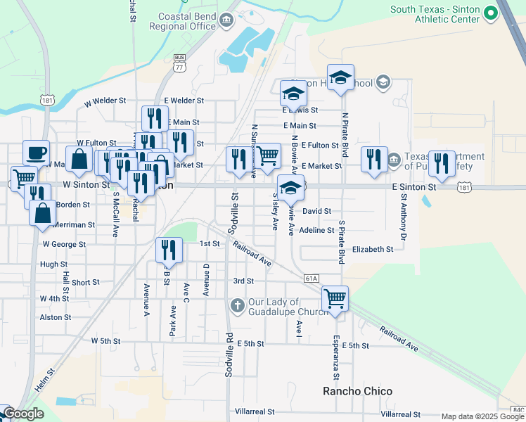 map of restaurants, bars, coffee shops, grocery stores, and more near 215 South Sunshine Avenue in Sinton