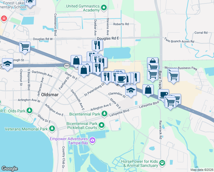 map of restaurants, bars, coffee shops, grocery stores, and more near 4016 Tampa Road in Oldsmar