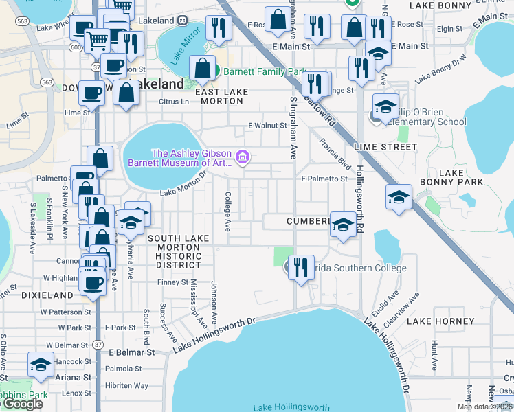 map of restaurants, bars, coffee shops, grocery stores, and more near 740 Park Hill Avenue in Lakeland