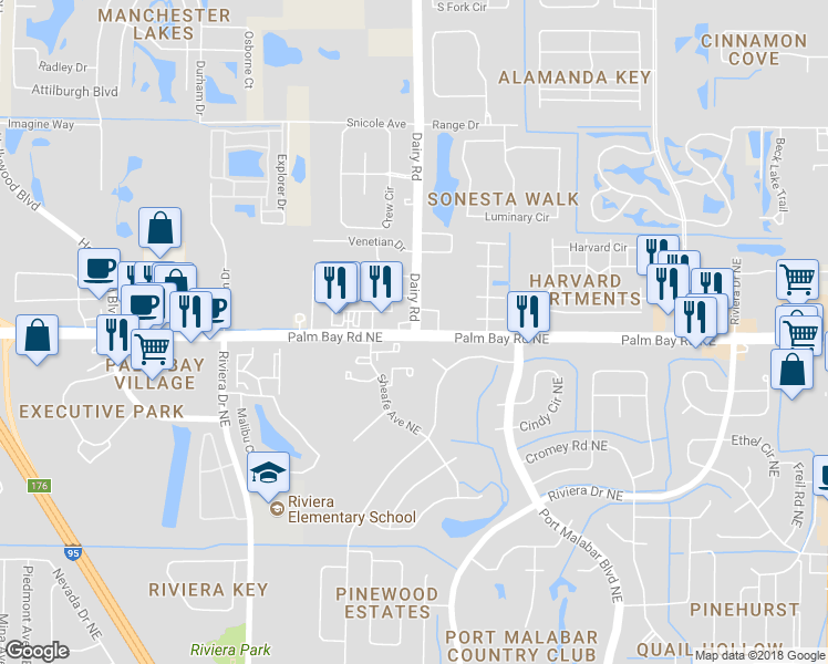 map of restaurants, bars, coffee shops, grocery stores, and more near 4800 Dairy Road in Melbourne