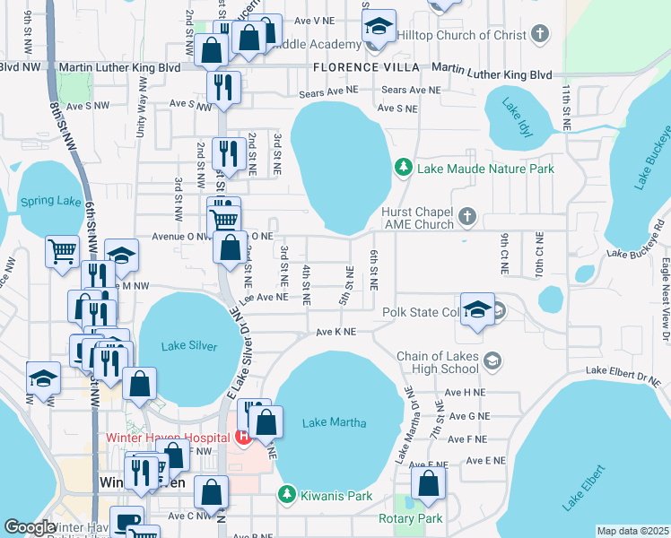 map of restaurants, bars, coffee shops, grocery stores, and more near 436 Avenue North Northeast in Winter Haven