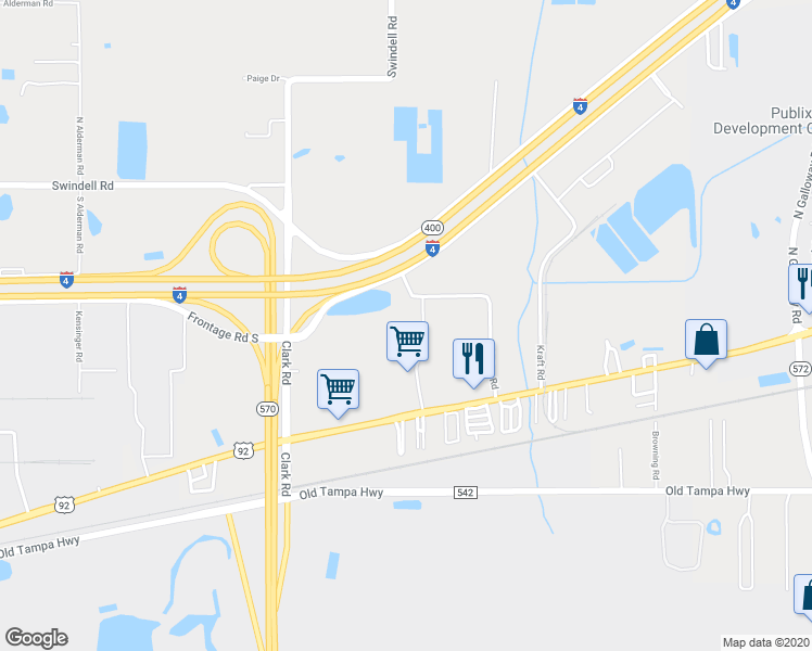 map of restaurants, bars, coffee shops, grocery stores, and more near 625 McCue Road in Lakeland