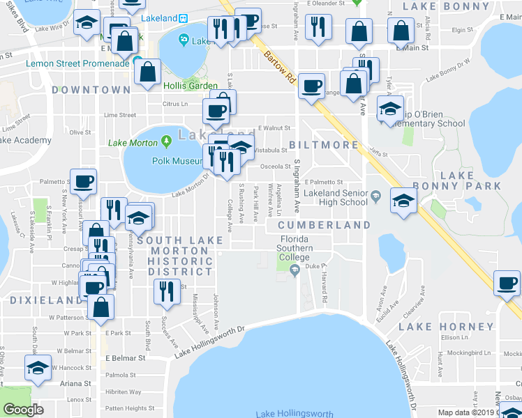 map of restaurants, bars, coffee shops, grocery stores, and more near 752 Winfree Avenue in Lakeland