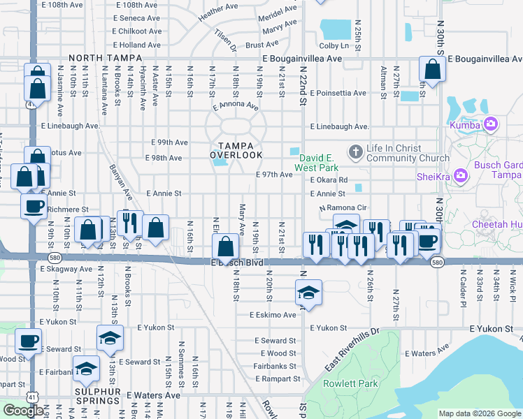 map of restaurants, bars, coffee shops, grocery stores, and more near 9402 North 20th Street in Tampa