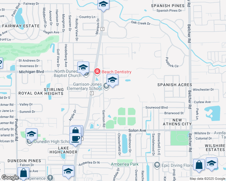 map of restaurants, bars, coffee shops, grocery stores, and more near 3133 Garrison Road in Dunedin
