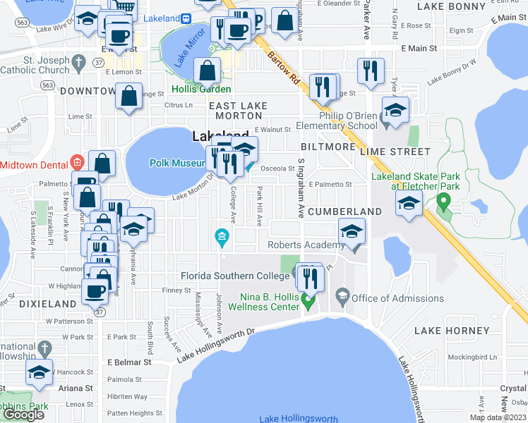 map of restaurants, bars, coffee shops, grocery stores, and more near 738 Park Hill Avenue in Lakeland
