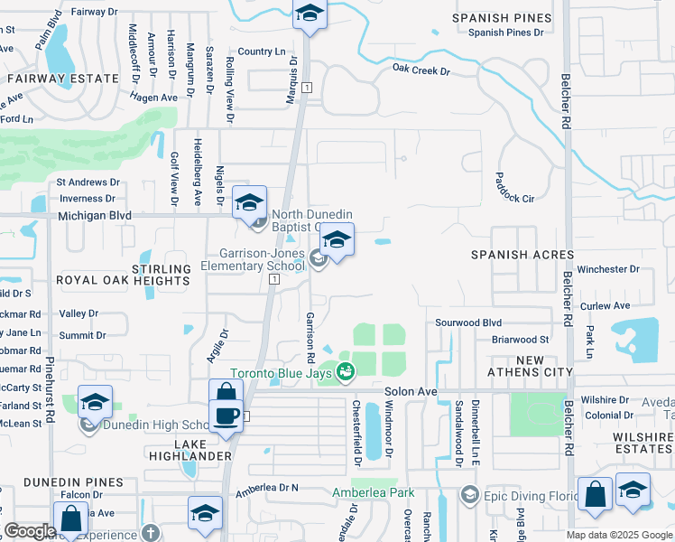 map of restaurants, bars, coffee shops, grocery stores, and more near 3133 Garrison Road in Dunedin