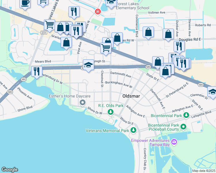 map of restaurants, bars, coffee shops, grocery stores, and more near 406 South Bayview Boulevard in Oldsmar
